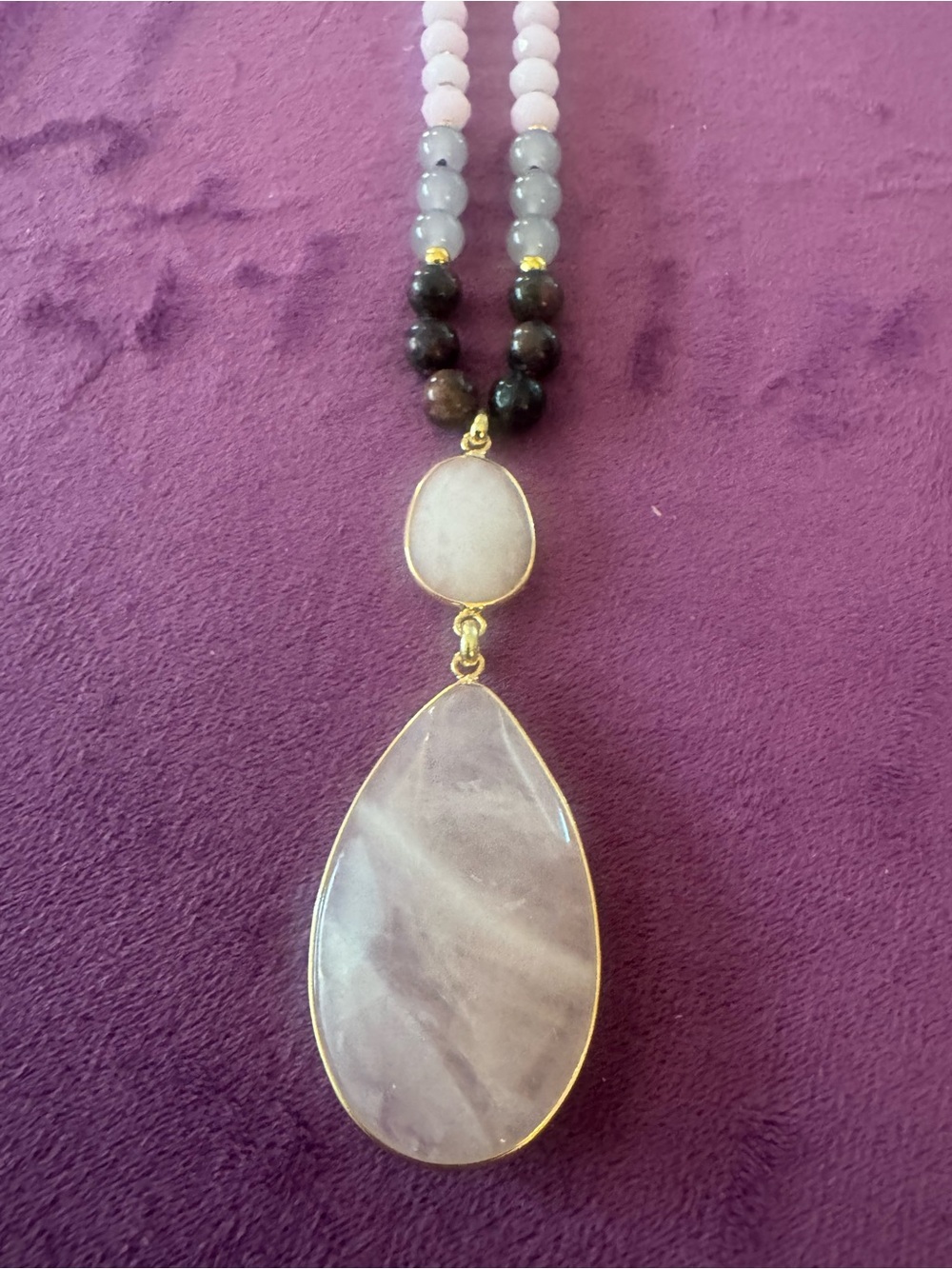 Gold-Trim Teardrop Rose Quartz Pendant Necklace - Pink